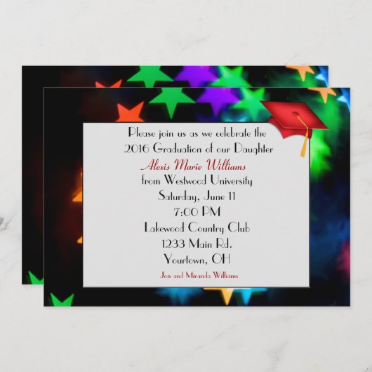 Invitation Star Bokeh avec Casquette Red Graduation (Devant / Derrière)