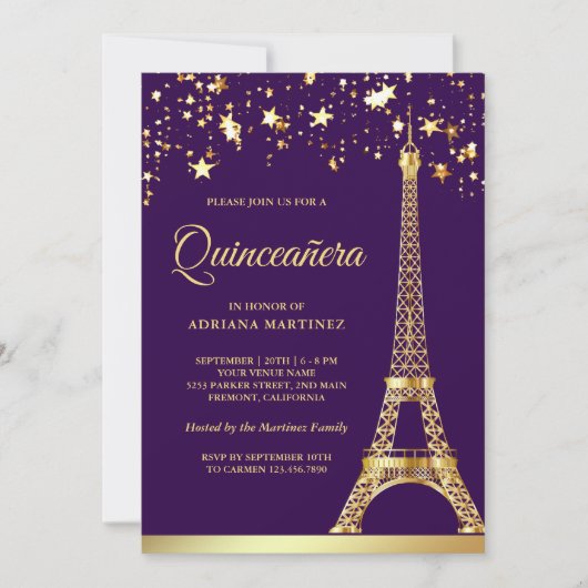 Invitation Star Confetti Gold Tour Eiffel Violet Quinceanera (Devant)