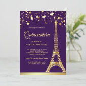 Invitation Star Confetti Gold Tour Eiffel Violet Quinceanera (Debout devant)