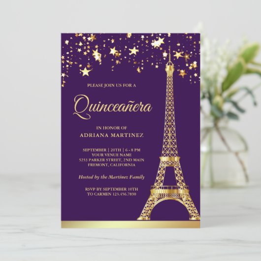 Invitation Star Confetti Gold Tour Eiffel Violet Quinceanera (Debout devant)