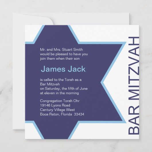 Invitation Star de David Bar Mitzvah - blanc et bleu (Devant)