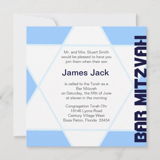 Invitation Star de David Bar Mitzvah - bleu & blanc (Devant)