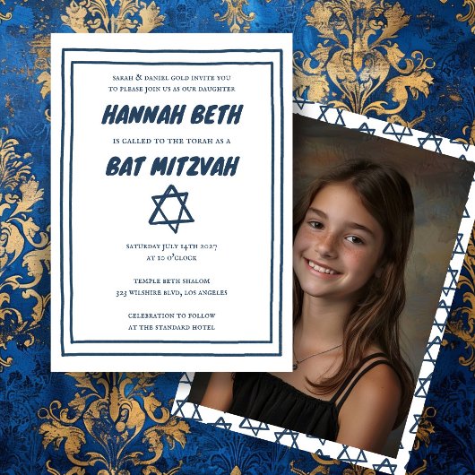 Invitation Star de David Photo personnalisée B'nai Bat Bar Mi