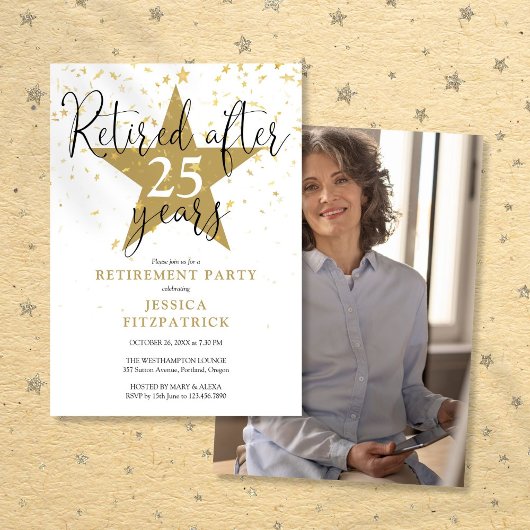 Invitation Star Gold moderne Photo Retraite Party
