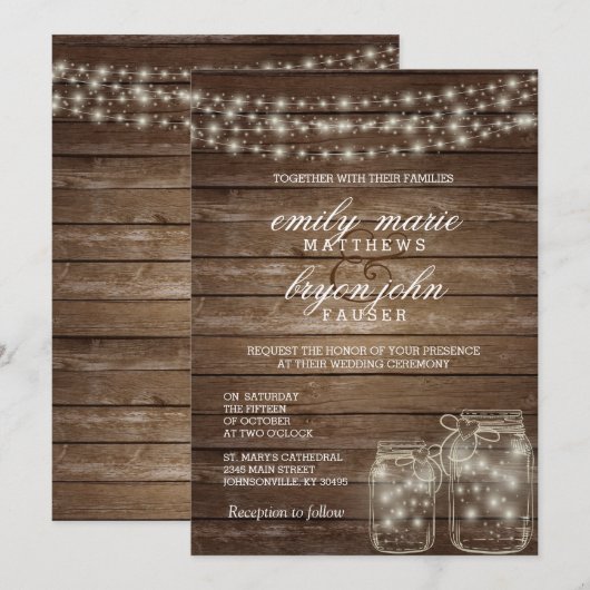 Invitation Star Light Mason Jar sur Rustic Wood Mariage (Devant / Derrière)