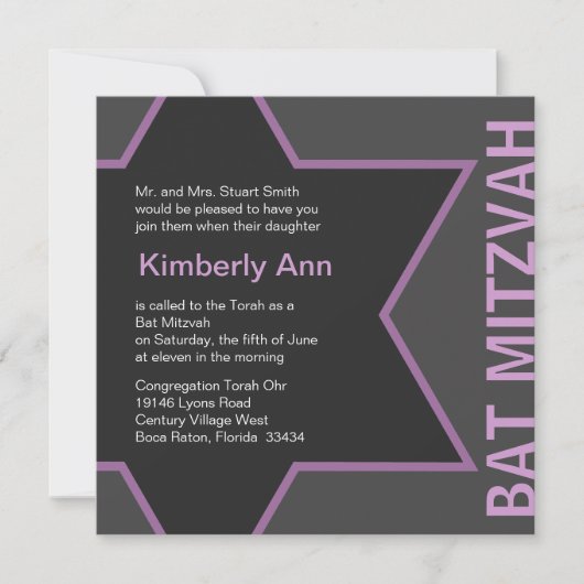 Invitation Star moderne de David Bat mitzvah - gris et rose (Devant)