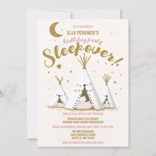 Invitation Star Night Boho Chic Teepee Sleepover Party (Devant)