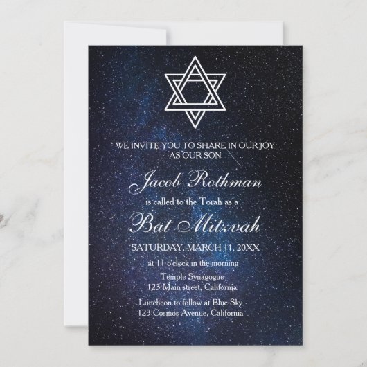 Invitation Star of David Elegant Simple Bat mitzvah bleu (Devant)