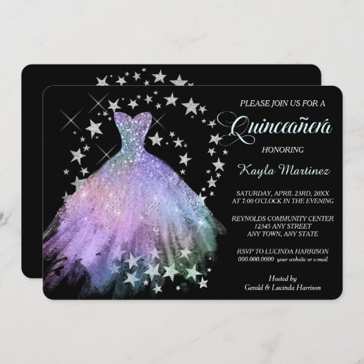 Invitation Star Shimmer Lavender Blue Quinceanera (Devant / Derrière)