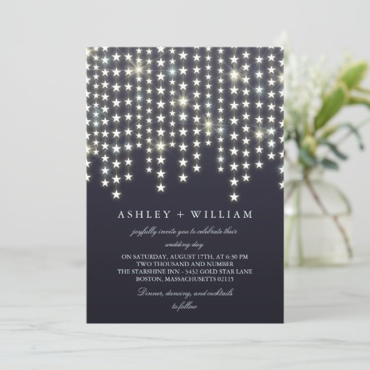 Invitation Star String Lights Dark Blue Mariage (Debout devant)