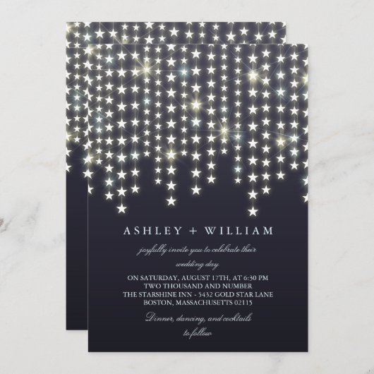 Invitation Star String Lights Dark Blue Mariage (Devant / Derrière)