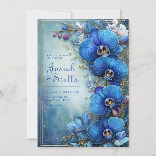 Invitation Stardust Cobalt Gilded Orchid Botanical Wedding (Devant)