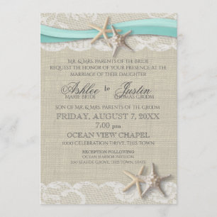 Invitation Starfish and Lace Rustic Beach Aqua Mariage