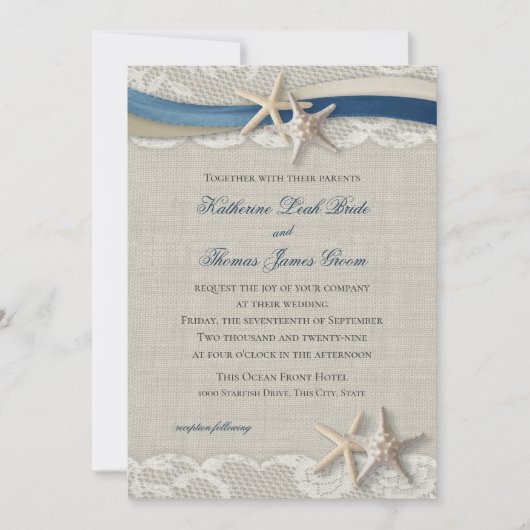 Invitation Starfish and Ribbon Beach Marine Bleu et Champagne (Devant)
