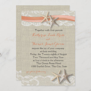 Invitation Starfish and Ribbon Vintage Beach Coral Mariage