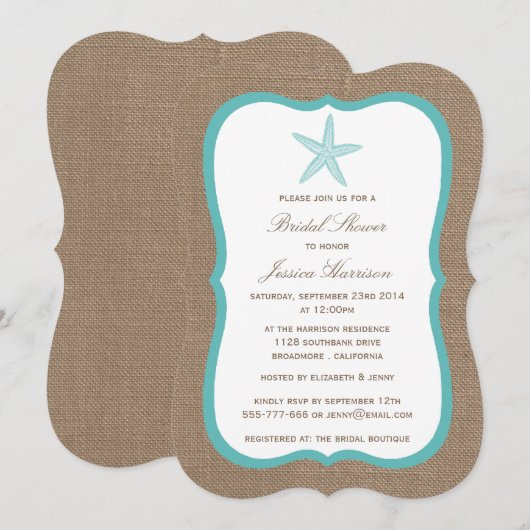 Invitation Starfish Beach Burlap Fête des mariées Turquoise (Devant / Derrière)