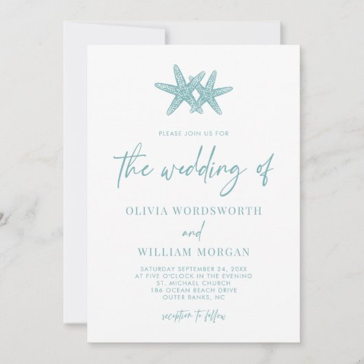 Invitation Starfish Beach Mariage bleu marine (Devant)