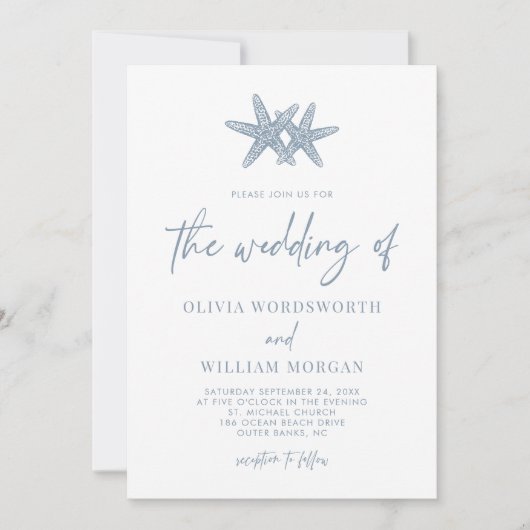 Invitation Starfish Beach Script Dusty Mariage bleu (Devant)