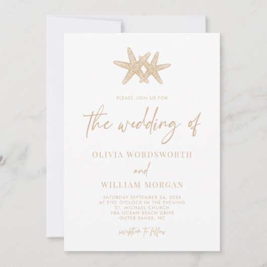 Invitation Starfish Beach Script Mariage de sable beige (Devant)