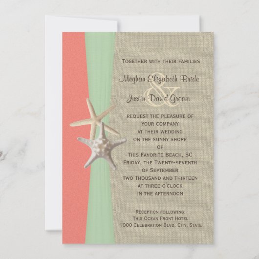 Invitation Starfish Beach Wedding Shell Coral Mint (Dos)