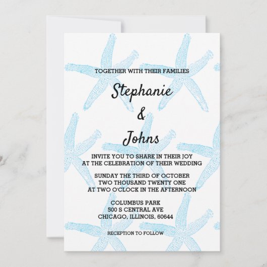 Invitation Starfish Blue Motif White Beach Mariage nautique (Devant)