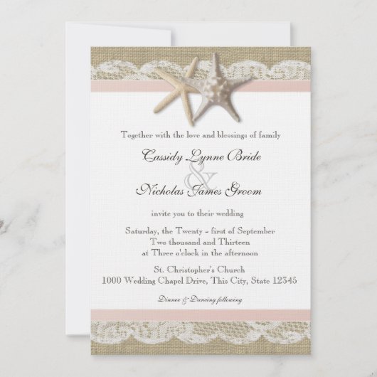 Invitation Starfish Blush Country Dentelle et Burlap Mariage (Devant)