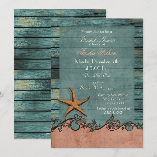 Invitation Starfish Bois Coral Rustic Beach Fête des mariées (Devant / Derrière)