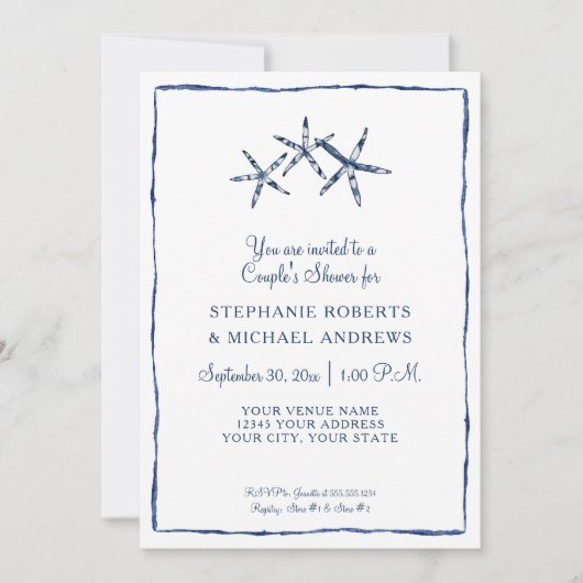 Invitation Starfish Couples Douche Shibori Indigo Blue Beach (Devant)