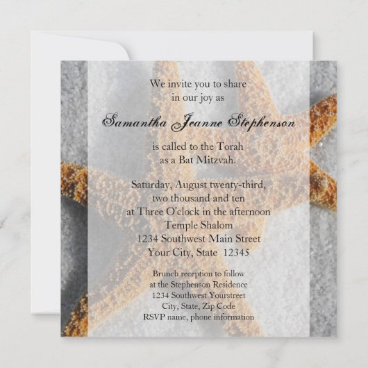 Invitation Starfish dans le Bat mitzvah de sable (Dos)
