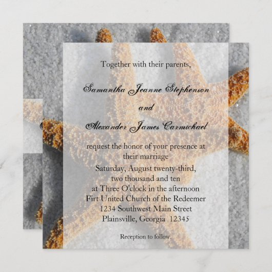 Invitation Starfish Duo dans le sable, Carré de mariage sur l (Devant / Derrière)