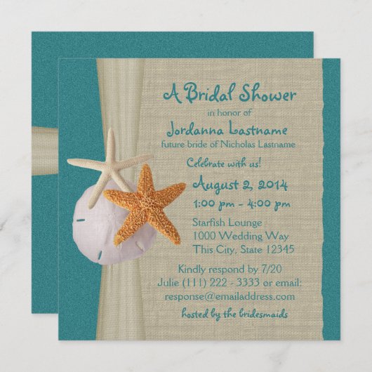 Invitation Starfish et Burlap Look Fête des mariées Turquoise (Devant / Derrière)