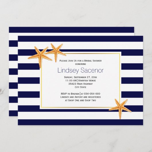 Invitation Starfish et rayures plage mariage nuptiale douche (Devant / Derrière)