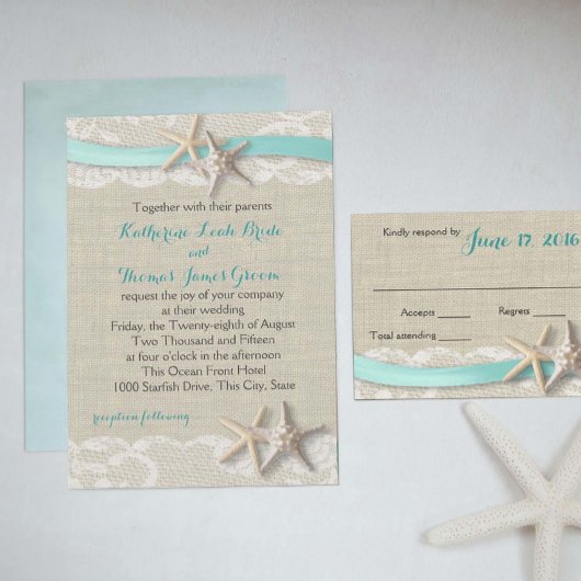 Invitation Starfish et Ribbon Beach Aqua