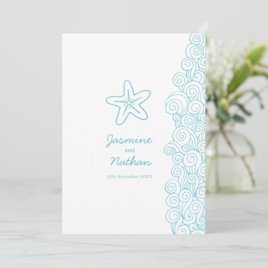 Invitation Starfish mer tourbillon aqua blanc mariage plage (Debout devant)