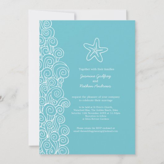 Invitation Starfish mer tourbillon aqua blanc mariage plage (Dos)