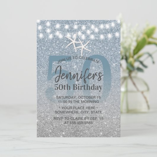 Invitation Starfish Moderne Dusty Parties scintillant bleue 5 (Debout devant)