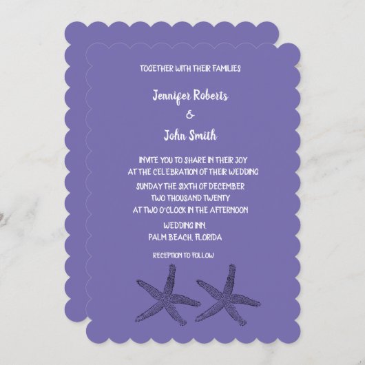 Invitation Starfish Patterns Purple White Cute Beach Mariage (Devant / Derrière)