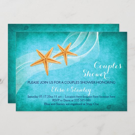 Invitation Starfish plage turquoise douche couple mariage (Devant / Derrière)