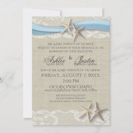 Invitation Starfish Ruban et Mariage bleu clair en dentelle (Devant)