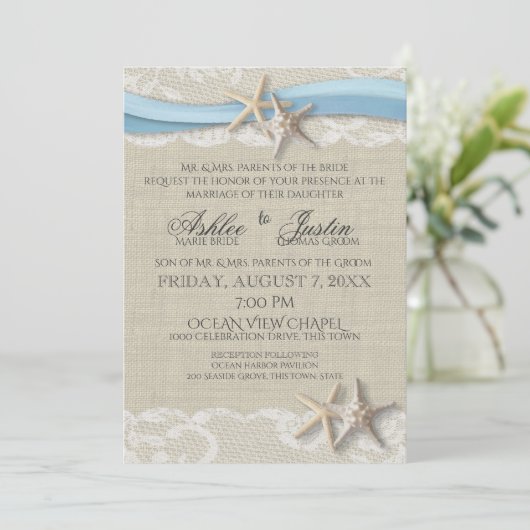 Invitation Starfish Ruban et Mariage bleu clair en dentelle (Debout devant)
