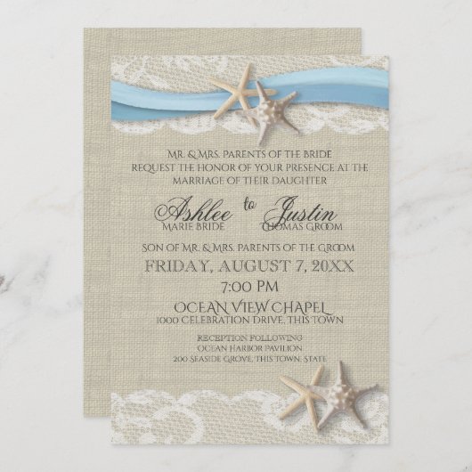 Invitation Starfish Ruban et Mariage bleu clair en dentelle (Devant / Derrière)