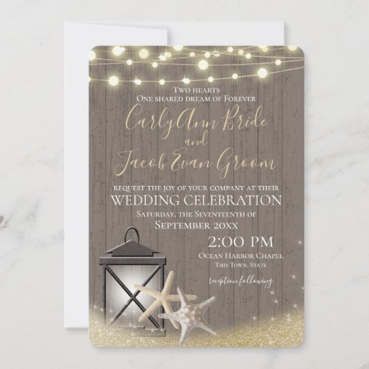 Invitation Starfish Rustic Ocean Drift Wood and Lights (Devant)