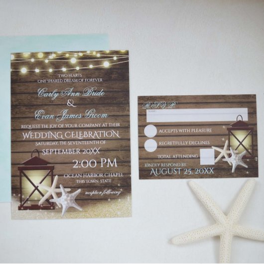 Invitation Starfish Rustic Ocean Wood et lumières