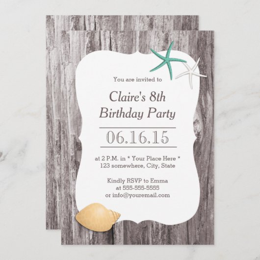 Invitation Starfish & Seashell Beach Driftwood Anniversaire (Devant / Derrière)