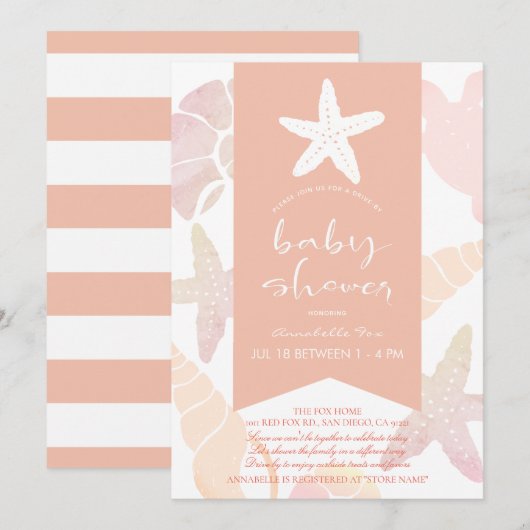 Invitation Starfish & Seashells Pink Drive-by Baby shower (Devant / Derrière)