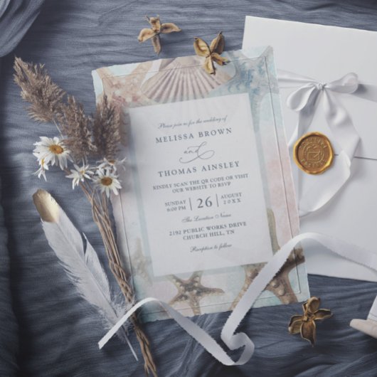 Invitation Starfish Seashells Tropical Beach QR Code Wedding