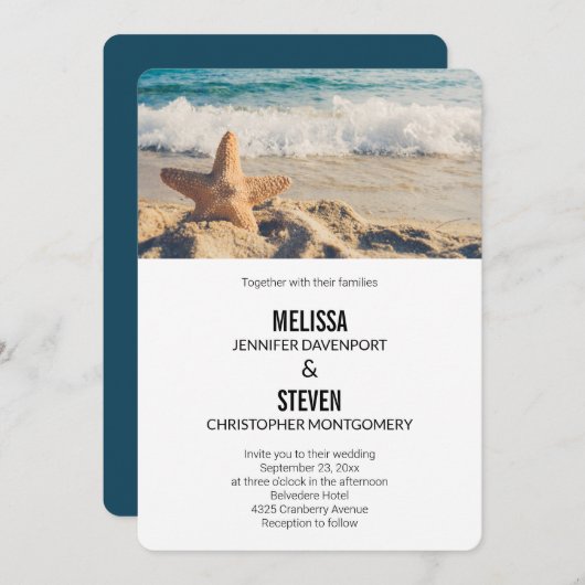 Invitation Starfish sur un Mariage de plage de sable (Devant / Derrière)
