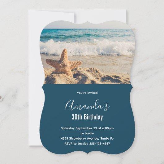 Invitation Starfish sur une plage de sable Photo Anniversaire (Devant)