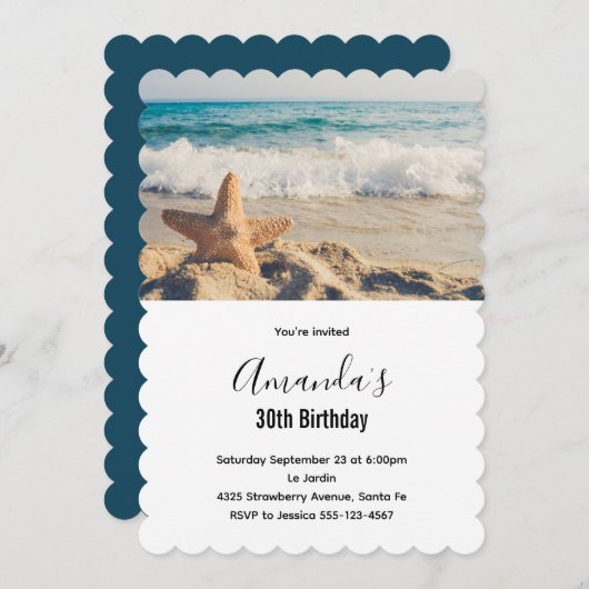 Invitation Starfish sur une plage de sable Photo Anniversaire (Devant / Derrière)