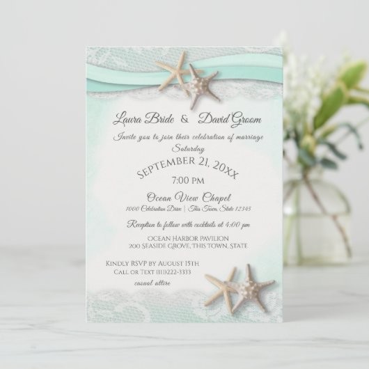Invitation Starfish Tropical Vintage Beach Mint Mariage (Debout devant)